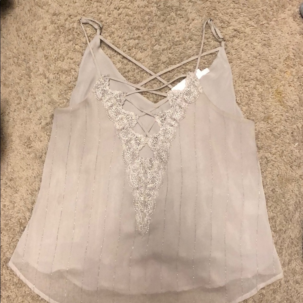 ASTR tan blouse with sparkles and lace V neck XS